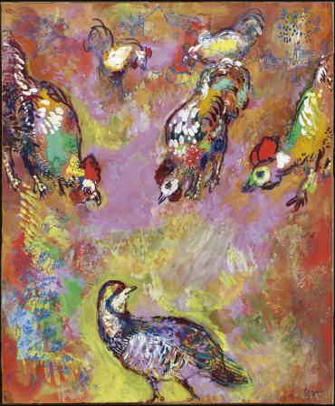Fables de La Fontaine : La Perdrix et les Coqs, circa 1927, Œuvre sur papier de Marc Chagall