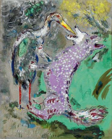 Fables de La Fontaine : Le Loup et la Cigogne, circa 1927, Œuvre sur papier de Marc Chagall