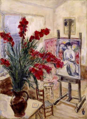 L'Atelier de l'artiste avec vase de glaïeuls et L'Ange à la palette, circa 1930, Œuvre sur toile de Marc Chagall