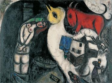 Lovers with Pole or Couple in Chains, 1951, Oeuvres sur toile by Marc Chagall