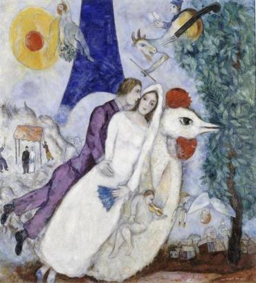 Fiancés of the Eiffel Tower or Bride and Groom With Eiffel Tower, 1936 - 1939, Oeuvres sur toile by Marc Chagall