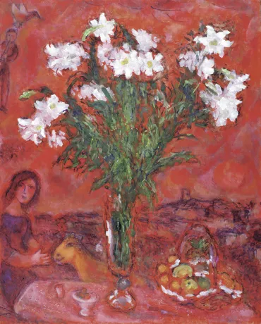 Bouquet blanc sur fond rouge, 1970 - 1975, Œuvre sur toile de Marc Chagall
