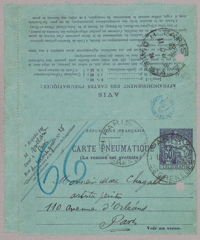 Pneumatic lettercard from Ambroise Vollard (Paris) à Marc CHAGALL (1924)