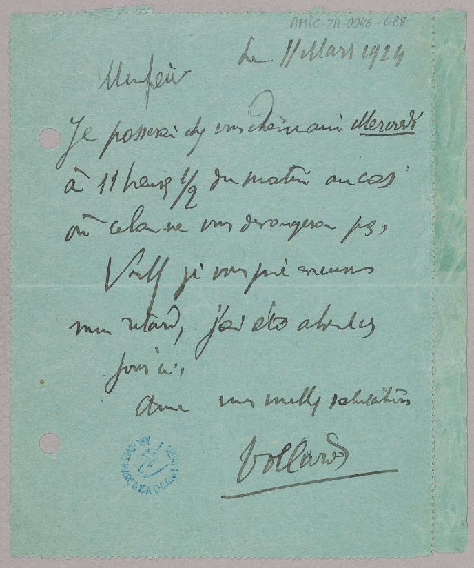 Pneumatic lettercard from Ambroise Vollard (Paris) à Marc CHAGALL (1924)