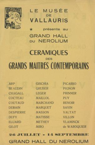 Céramiques des grands maîtres contemporains, 1952, Grand hall du Nérolium, Vallauris.