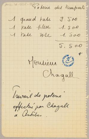 Facture de la Poterie des Remparts, non datée, Archives Marc et Ida Chagall, Paris, AMIC-4A-0008-003.