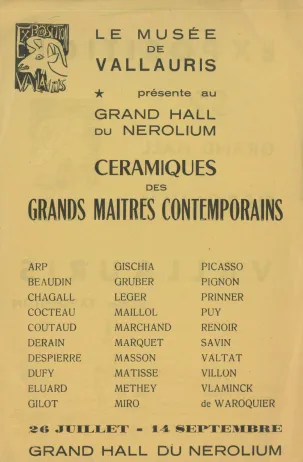 Céramiques des grands maîtres contemporains, 1952, Grand hall du Nérolium, Vallauris.