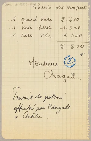 Facture de la Poterie des Remparts, non datée, Archives Marc et Ida Chagall, Paris, AMIC-4A-0008-003.