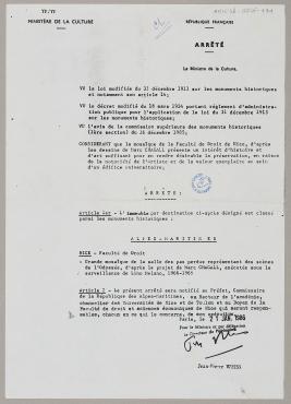 Order issued by Jean-Pierre Weiss, Minister for Culture, January 21, 1986, Acte dactylographié