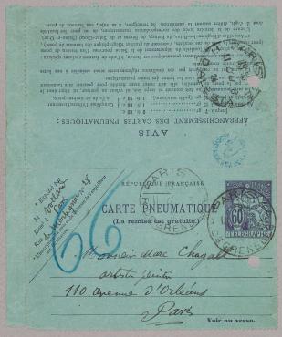 Pneumatic letter-card from Ambroise Vollard (Paris), March 11, 1924, Pneumatic card