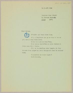 Copy of a letter from Marc Chagall, August 3, 1964, Letter