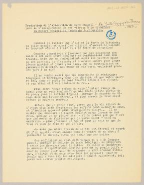 Inaugural speech by Marc Chagall for the stained glass windows in the Synagogue of the Hadassah Hebrew University Medical Center (Jerusalem), February 6, 1962, Report