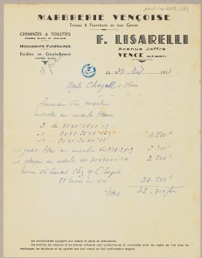 Invoice from F. LISARELLI's Marbrerie Vençoise (Vence), May 27, 1957, Invoice