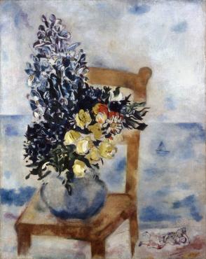 Fleurs sur la chaise, 1926, Œuvre sur toile de Marc Chagall