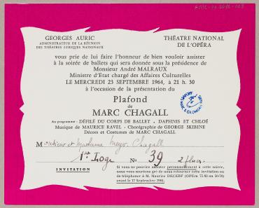 Invitation to the evening presentation of the ceiling of the Paris Opera, September 23, 1964, Invitation