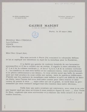 Letter from Aimé Maeght, Galerie Maeght (Paris), March 10, 1964, Letter