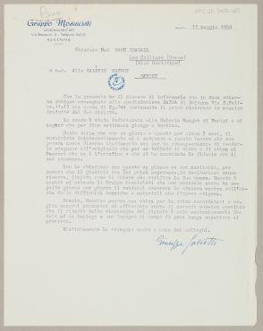 Letter from Giuseppe Salietti, May 13, 1958, Letter