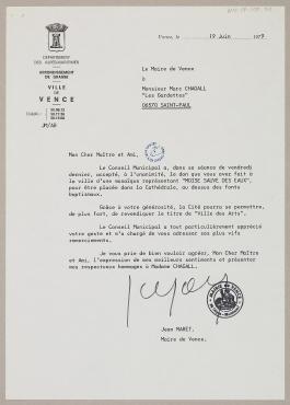 Letter from Jean Maret, Mayor of Vence (Vence, France), June 19, 1979, Letter
