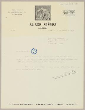 Letter from the SUSSE Frères foundry (Arcueil), October 25, 1956, Letter