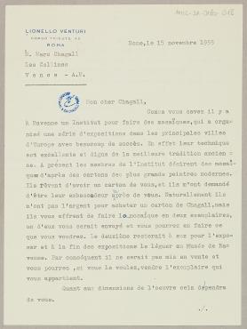 Letter from Lionello Venturi, November 15, 1955, Letter