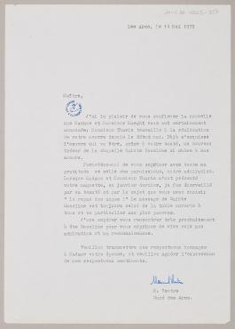 Letter from M. Ventre, parish priest of Les Arcs (Les Arcs, France)., May 14, 1975, Letter