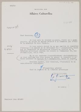 Letter from M.C. Morette, General Inspector and Head of the Department of Artistic Creation, Ministry of Cultural Affairs (Paris), June 8, 1971, Letter
