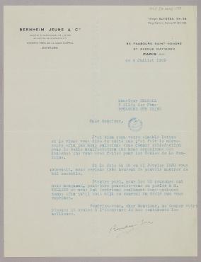 Letter from Mr Bernheim, Galerie Bernheim Jeune & Cie (Paris), July 4, 1929, Letter