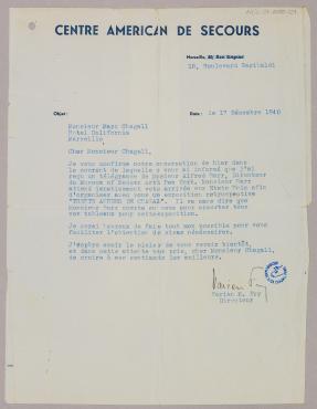 Letter from Varian Fry, Emergency Rescue Committee (Marseille), December 17, 1940 - January 1941, Letter