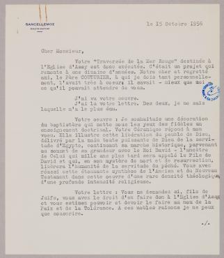 Letter from canon Jean Devémy (Sancellemoz), October 15, 1956, Letter