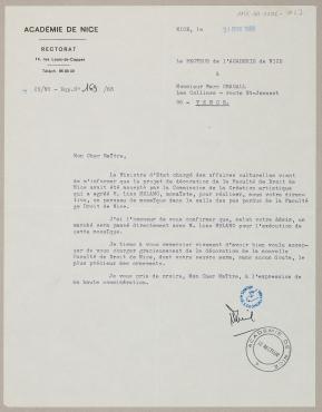 Letter from the Rector of the Académie de Nice (Nice), February 1968, Letter