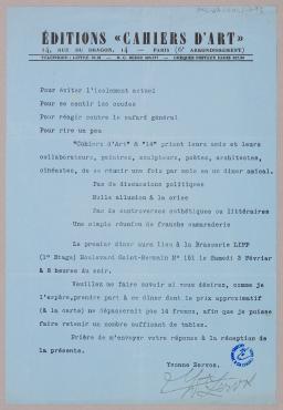 Letter from Yvonne Zervos, Éditions "Cahiers d'Art" (Paris), années 1930, Letter