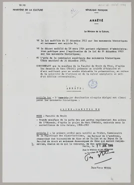 Order issued by Jean-Pierre Weiss, Minister for Culture, January 21, 1986, Acte dactylographié