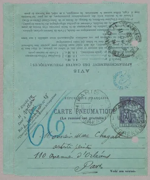 Pneumatic letter-card from Ambroise Vollard (Paris), March 11, 1924, Pneumatic card