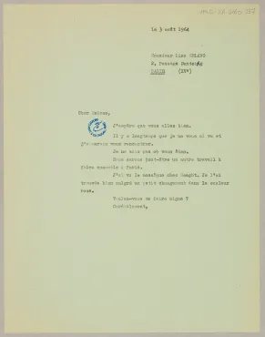 Copy of a letter from Marc Chagall, August 3, 1964, Letter