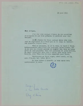 Copy of letter from Marc Chagall (Vence), March 20, 1959, Letter