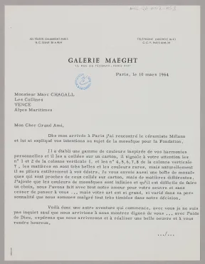 Letter from Aimé Maeght, Galerie Maeght (Paris), March 10, 1964, Letter