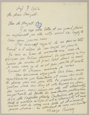 Letter from Diego Rivera (Mexico), August 7, 1942, Letter