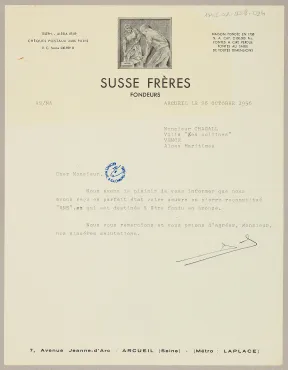 Letter from the SUSSE Frères foundry (Arcueil), October 25, 1956, Letter