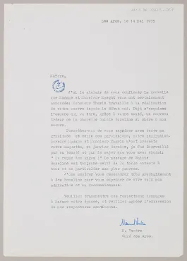 Letter from M. Ventre, parish priest of Les Arcs (Les Arcs, France)., May 14, 1975, Letter