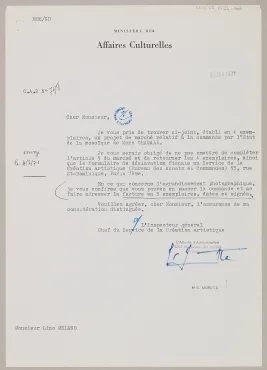 Letter from M.C. Morette, General Inspector and Head of the Department of Artistic Creation, Ministry of Cultural Affairs (Paris), June 8, 1971, Letter