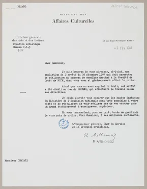 Lettre et arrêté de Bernard Anthonioz (Paris), December 26, 1967 - February 2, 1968, Letter